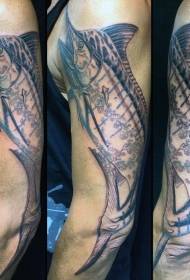 patrón de tatuaxe de peixe de gancho mariño de brazo masculino