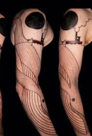 arm black line combination of whale and boat tattoo pattern