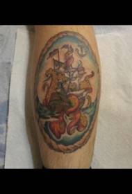 Tattoo նավաստի արական հորթ `առագաստանավի դաջվածքի օրինակին