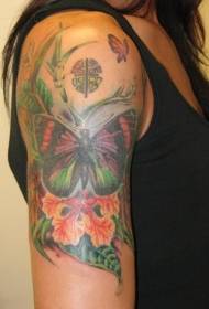 patrón de tatuaxe de mariposa e flor tropical