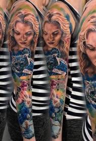 Arm Realistic Woman Portrait and Cat Letter Tattoo Pattern