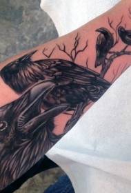 Mężczyzna ramię czarny szary realistyczny wzór tatuażu wrona