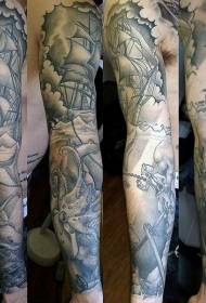 rankos juodos pilkos spalvos švyturio burlaivio aštuonkojo tatuiruotės modelis