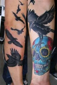 arm old school Mexican traditional skull and black crow tattoo pattern