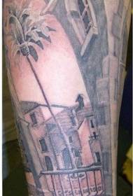 arm black and white tropical city view sleeve tattoo pattern