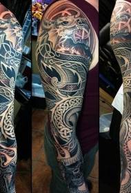 lengan Celtic gaya fantasi abu-abu hitam pola tato naga