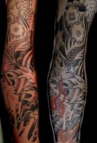 arm Asian style dragon and flower tattoo pattern