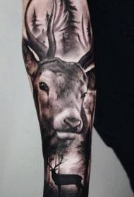 arm realistic style black forest and deer tattoo pattern