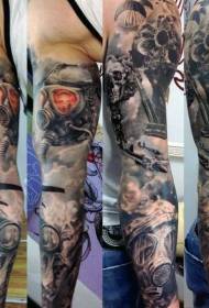 arm military style color gas mask and skull tattoo pattern