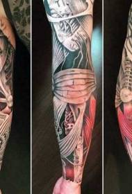 arm colored muscle and mechanical tattoo pattern
