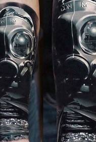Incredible realistic black gray gas mask with railway tattoo pattern