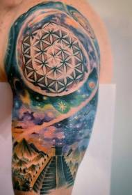 大Arm Aztec pyramid and vast starry sky tattoo pattern