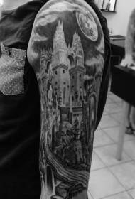arm gorgeous realistic black gray medieval castle tattoo pattern