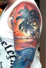 Big colorful beach sunset palm tree and turtle tattoo pattern