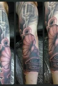 arm simple combination black gray microphone with phonograph tattoo pattern