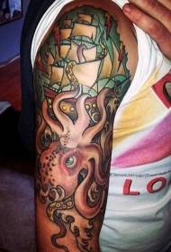 Old-style style colorful octopus boat tattoo pattern