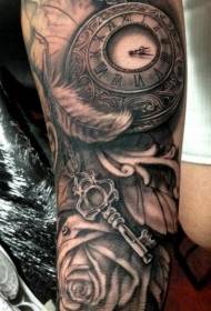arm impressive clock rose feather key tattoo pattern