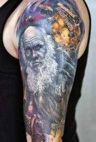 male arm multicolored beautiful space and portrait tattoo pattern