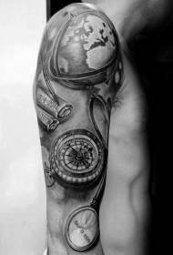 boom realistic black compass with earth and map tattoo pattern