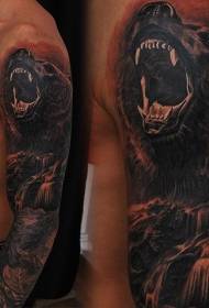 arm new genre color Roaring bear and waterfall tattoo pattern