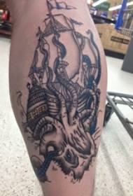 Tatuaje europeo de pantorrilla con espiga masculina en velero y foto de tatuaje de pulpo