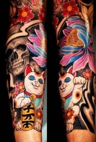 arm Japanese style colorful lucky cat licking flower tattoo pattern