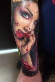 Ankle color horror style female vampire tattoo pattern