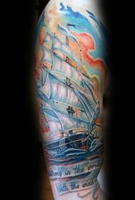leg colored old ship Tattoo with letter tattoo