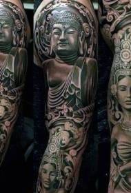 Brazos de estilo negro negro como patróns de tatuaxe de Buda e estatua feminina