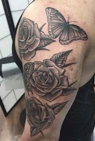 tres fermosas rosas e bolboretas Patrón de tatuaxe de brazo