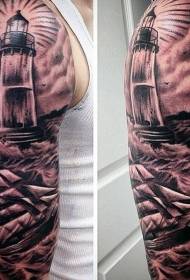 Arm Black Ash Lighthouse with Sailing Wave Tattoo Pattern  98115 - Arms amazing black gray forest mountain tattoo pattern