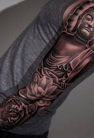Arm realistic photo of Buddha statue with lotus tattoo