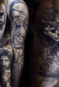 arm black gray angel and church religious style tattoo picture