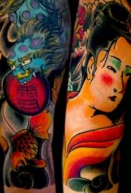 arm colored stone lion with geisha tattoo pattern