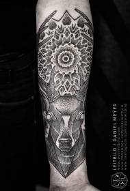 Cabeça de veado pontilhada preto e branco misteriosa com padrão de tatuagem Brahma