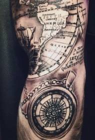 harta e mrekullueshme detare e zezë dhe e bardhë e mrekullueshme me krah të madh me modelin e tatuazhit të kompasit