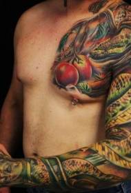 Halv rustning blomma arm illustration stil färgade onda orm med rött äpple tatuering mönster