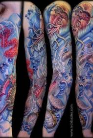 modèle de tatouage de manche de couleur de mer profonde de couleur de bras