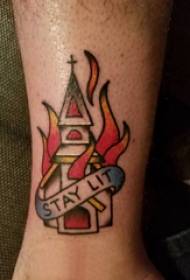 Building tattoo male shank on flame and building tattoo picture
