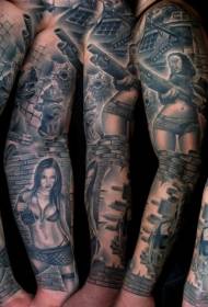 rankos juodos ir baltos moters ir šuns tatuiruotės modelis