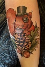 Europe and the United States calf tattoo girls calf on the pine cones And squirrel tattoo picture