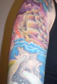 Shoulder color sailboat tattoo pattern in the storm