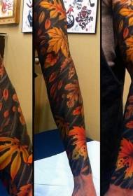 cor brazo flor realista patrón de tatuaxe de follas de outono