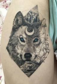 Geometric element tattoo girl calf on the wolf head and landscape scenery tattoo pictures