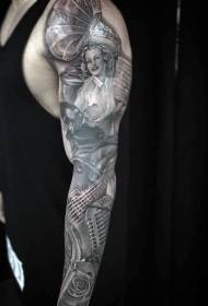 arm very realistic black gray old Musical instrument tattoo pattern