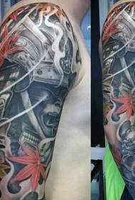 arm Japanese style black warrior with colored maple leaf tattoo pattern