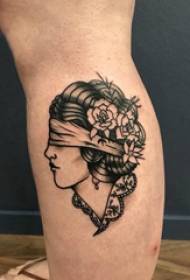 raksturs portrets tetovējums attēls meitene teļš uz melni pelēks raksturs portrets tetovējums attēls