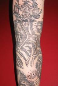ruka crna linija brod i morsko čudovište postavljena tetovaža