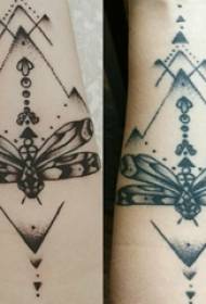 Girl's arm on black line sting trick creative dragonfly tattoo picture