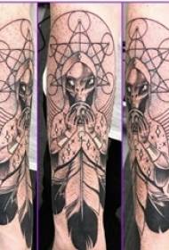 Boys arms on black gray prick geometric line feathers and alien tattoo pictures